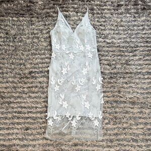 Sheer Grey Spaghetti Strap MIDI Dress with White Floral Embroidery, Size S New